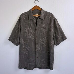 Jamaica Jaxx 100% Silk Camp Collar Shirt XL Charcoal Gray Textured Jacquard Leaf